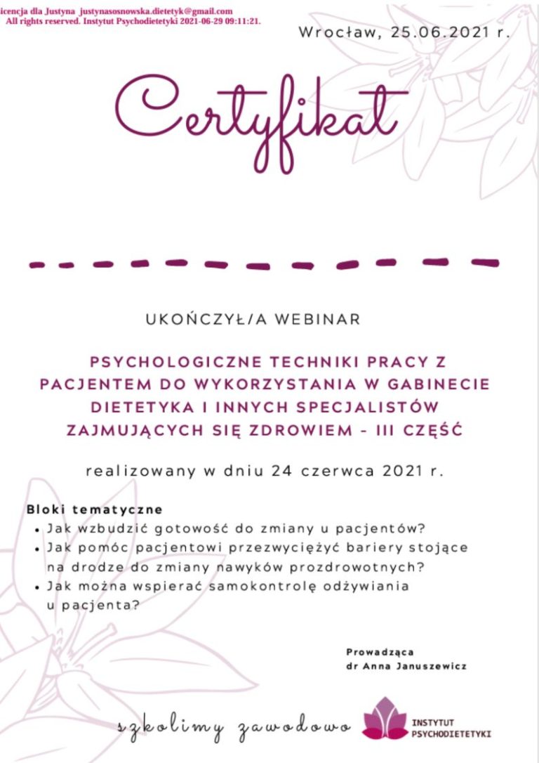 Certyfikat uczestnictwa w webinarze psychologiczne aspekty podejścia do pacjenta