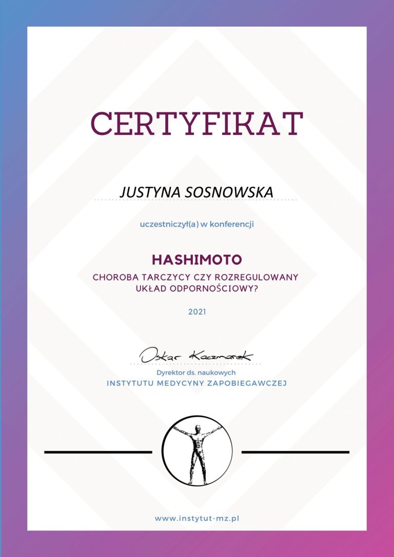 Certyfikat uczestnictwa w konferencji dotyczącej dietoterapii przy Hashimoto