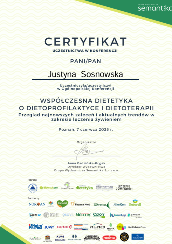 Certyfikat uczestnictwa z konferencji współczesna dietetyka o dietoprofilaktyce i dietoterapii